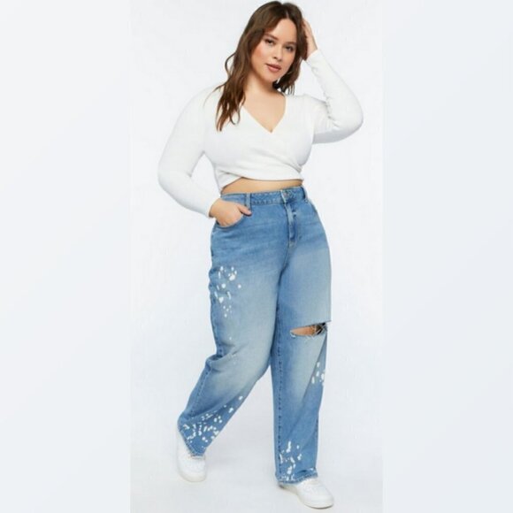 FOREVER 21 Premium Distressed Straight Slouchy Jeans Bleach Dye Paint Splatter - Picture 9 of 9